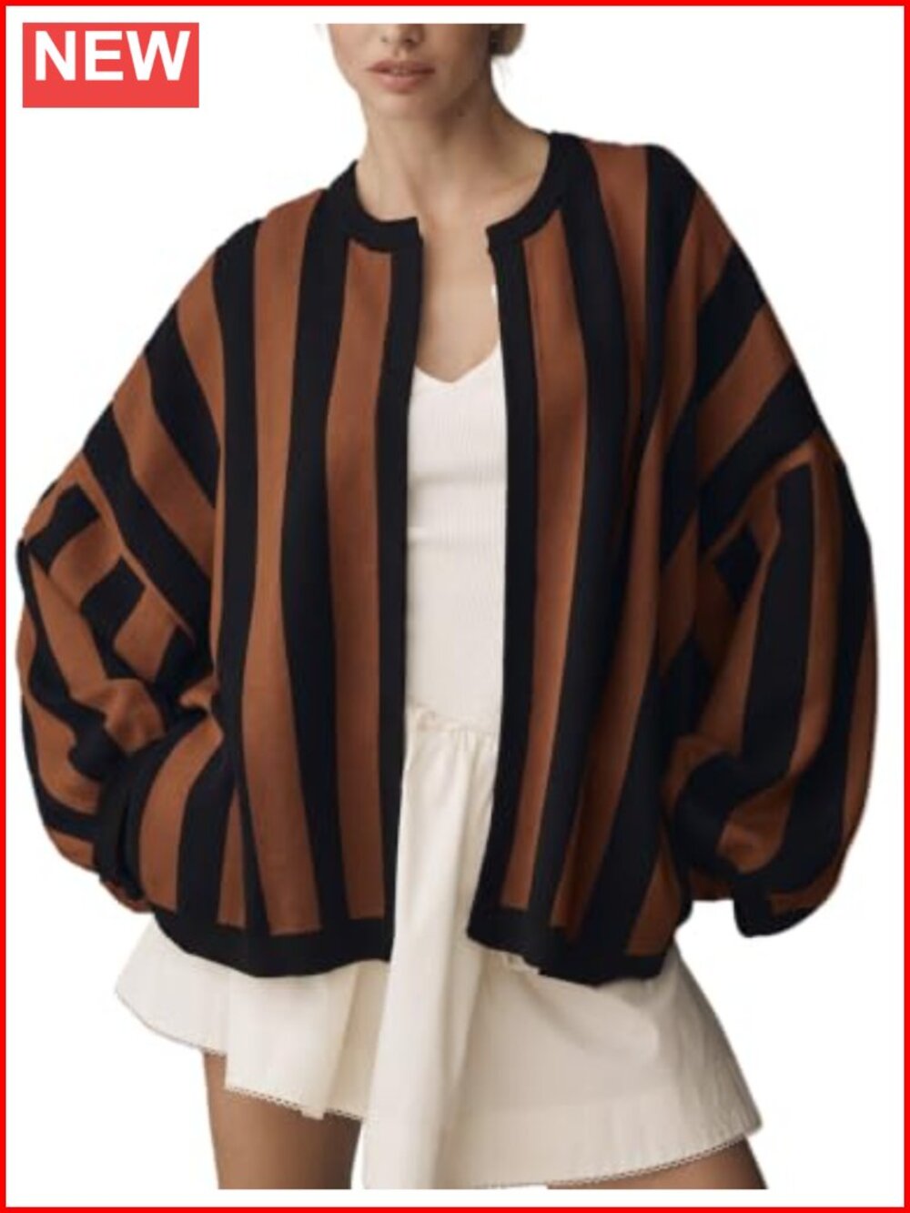 Striped Cardigan Sweater Balloon Sleeve Loose Knit Women's